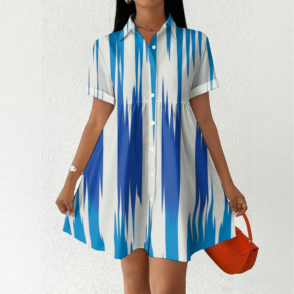 Women's Casual Loose Fit Shirt Dress Button Down Collar Short Sleeve Floral Print Summer Dress