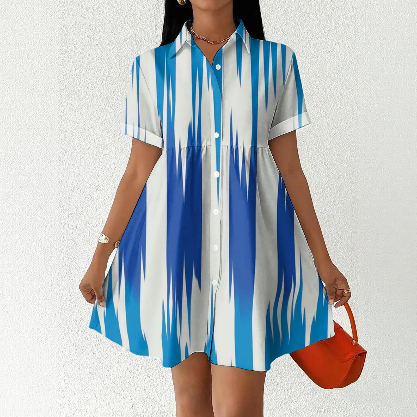 

Women s Casual Loose Fit Shirt Dress Button Down Collar Short Sleeve Floral Print Summer Dress L синий