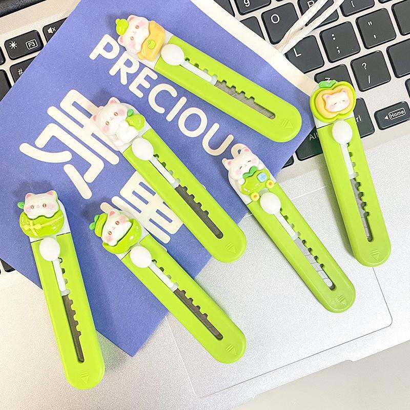 Cute Green Apple Cat Utility Knife Retractable Knife Paper Box Cutter Portable Express Package Knife Student Paper Cutter