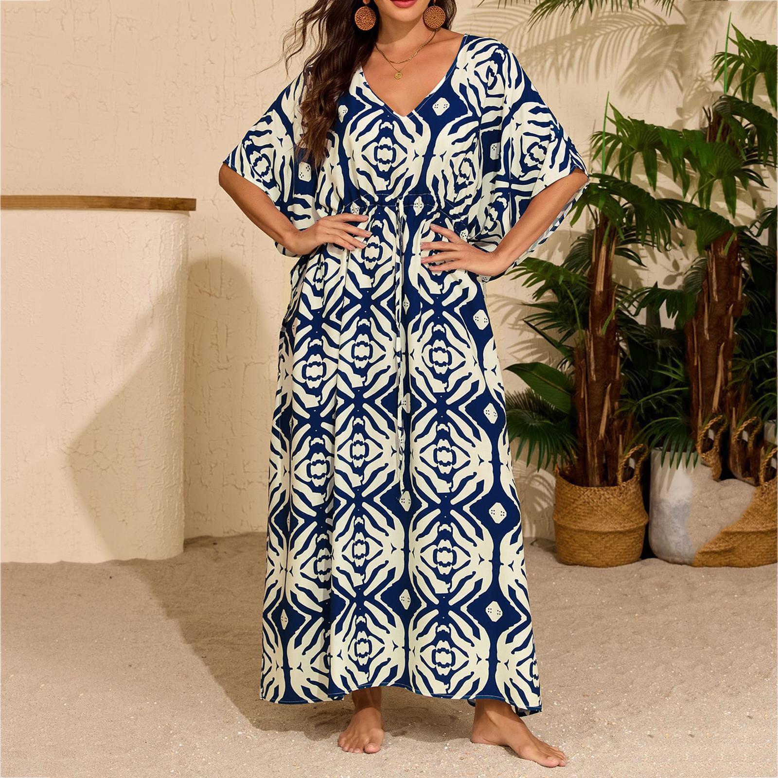 

Women s Summer Casual, Comfortable, Loose-Fitting Drawstring Beach Cover-Up And Vacation Dress One Size Темно-синій