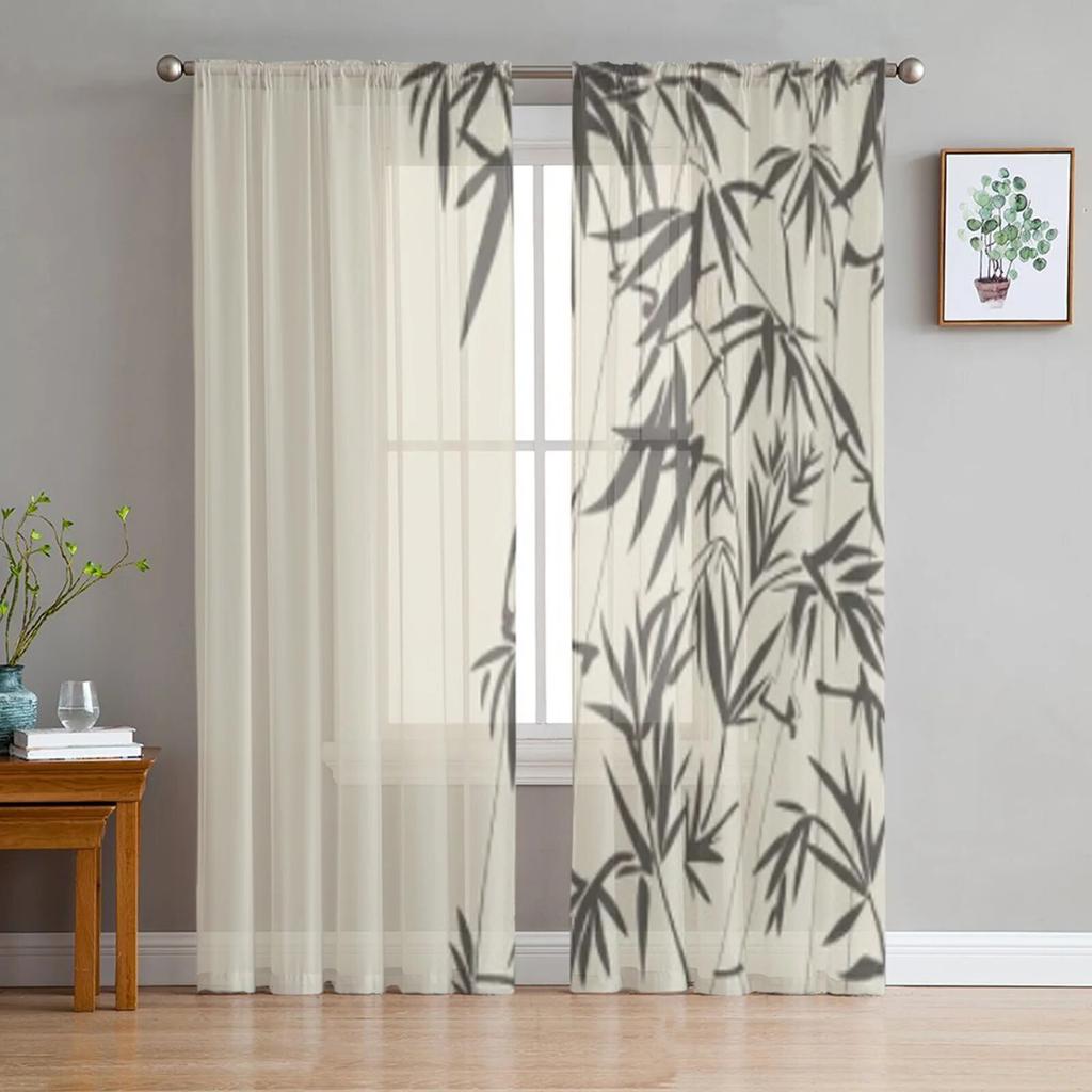 Schwarze transparente Vorhänge mit Bambus-Vogelmotiv für Wohnzimmer, Schlafzimmer, Tüllvorhänge, Küchenfensterbehandlungen, Vorhänge