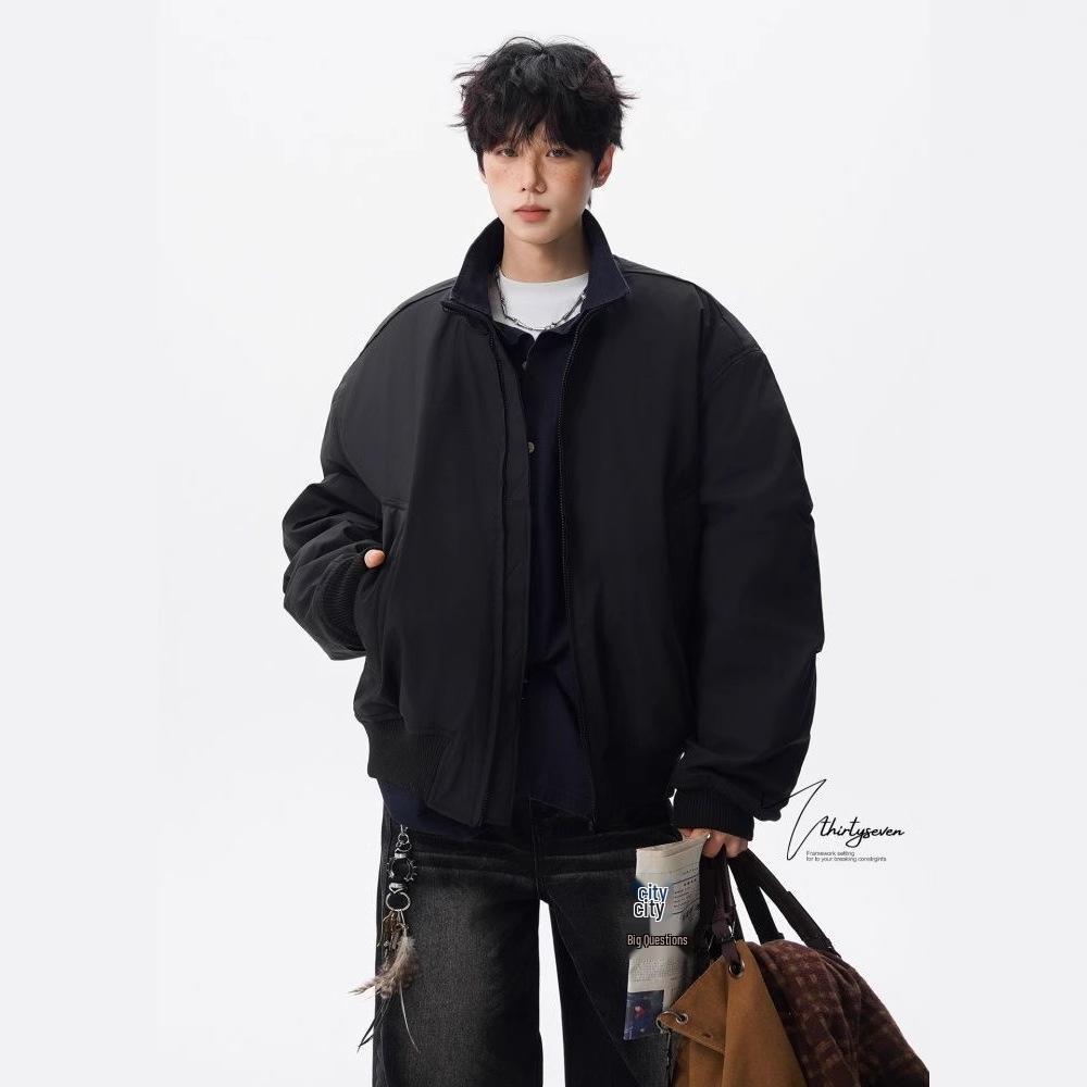 Men's Winter Retro Loose-Fit Bomber Jacket - Stand Collar, Padded, American Trendy Style