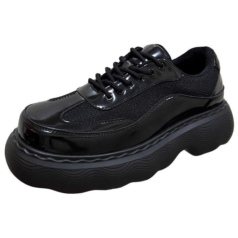 Men's Summer Mesh Breathable All Black Platform Casual Big Head Muffin Derby High-end Leather Dad Shoes