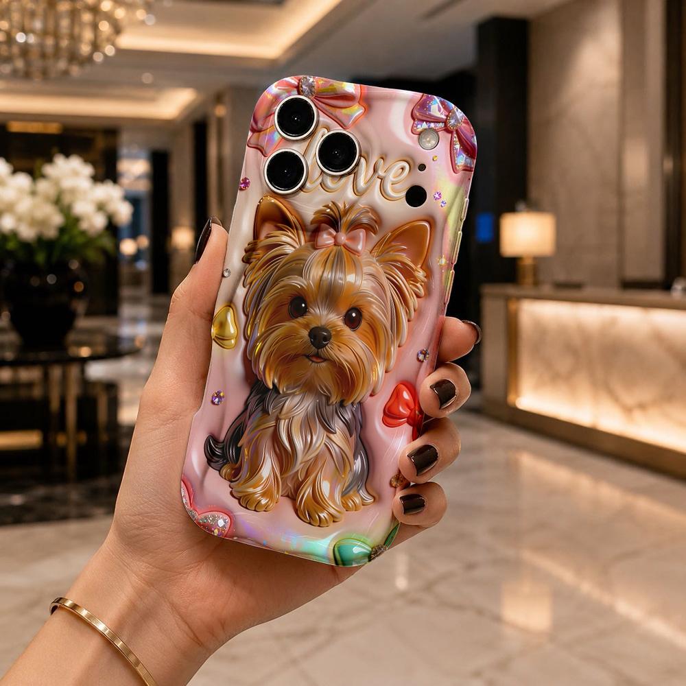 Rainbow Bow Yorkie Love Gem Wavy Edge Phone Case For iPhone 17 16 15 14 13 12 11 8 7 Plus Pro Max Soft TPU Bumper Cover