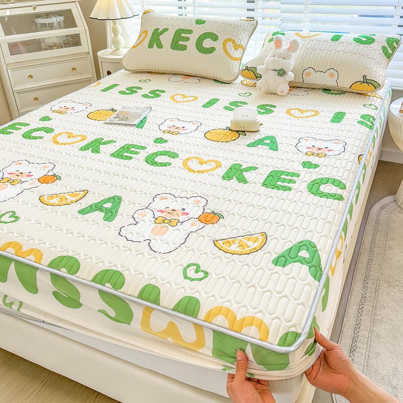 3Pcs Summer Natural Latex Cooling Mat Set Cartoon Printed Fitted Sheet with Pillowcase Soft Non-Slip Bedding with Elastic Band