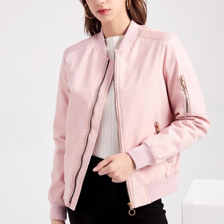 Bomber Jacket Women Thin Casual Zipper Long Sleeves Side Pockets Autumn Spring Outer Wear