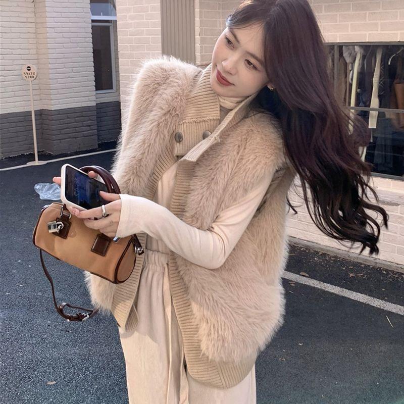 Stand-up collar knitted splicing vest women's vest autumn and winter new loose plush vest sleeveless jacket tide