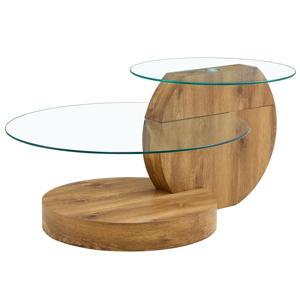 Modern Minimalist Tempered Glass Coffee Table, Multi-Layered MDF Base, Natural Wood Texture