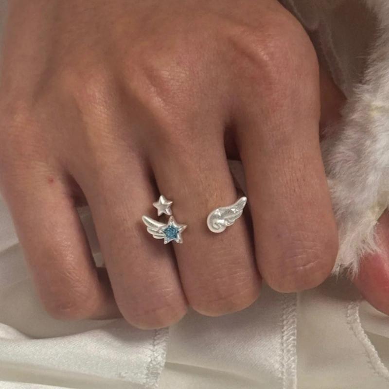 Cute Silver Angel Wings Star Ring For Women Adjustable Open Ring Personality Jewelry Accessories Gift