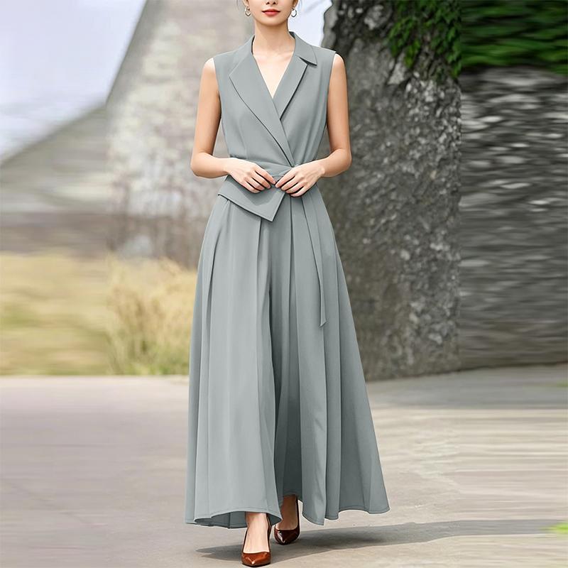 ZANZEA Women Casual Turn Down Collar Summer Sleeveless Wide Leg Jumpsuits 3XL серый