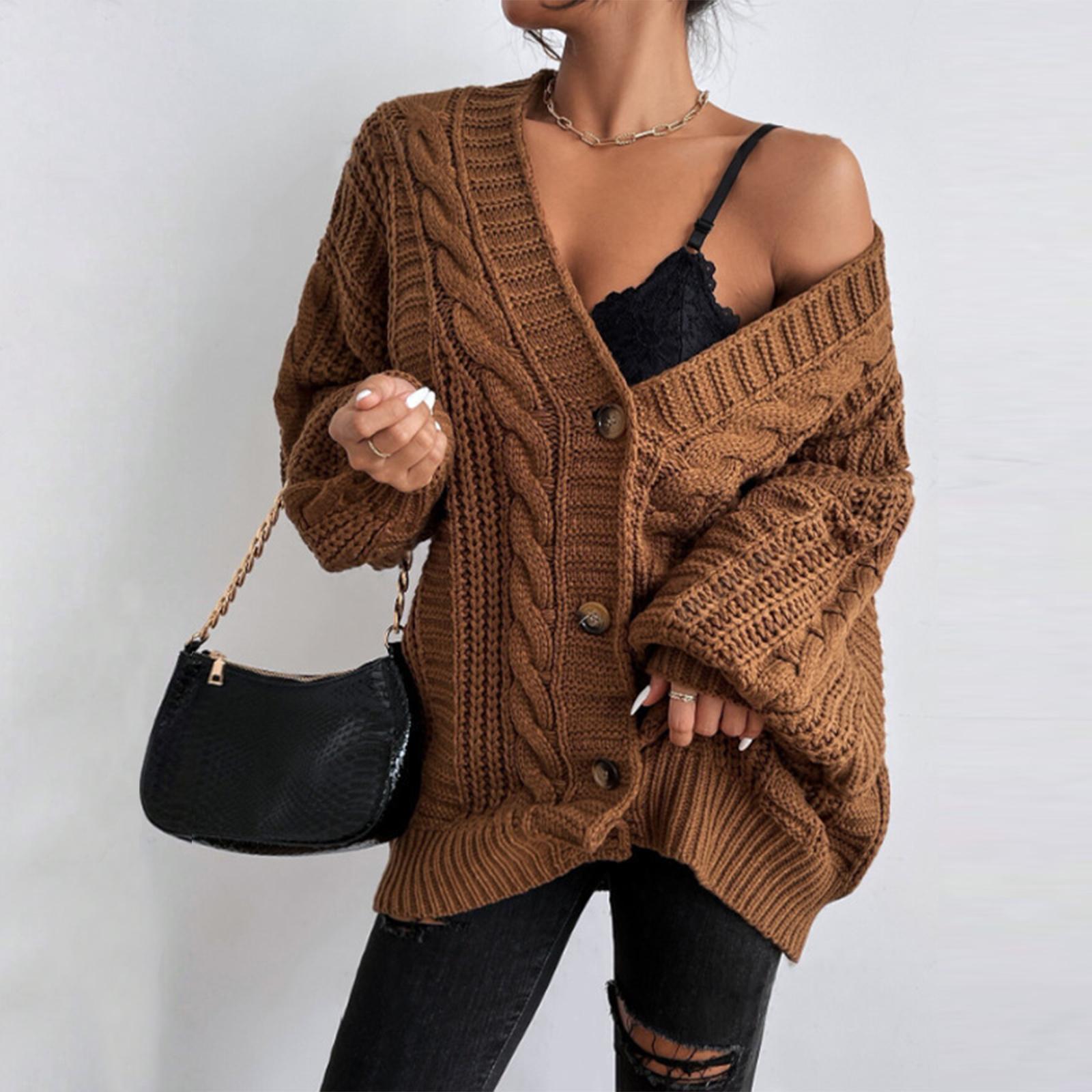 

Women s Fashion Loose Cable-knitted Long Sleeve Cardigan Jacket M