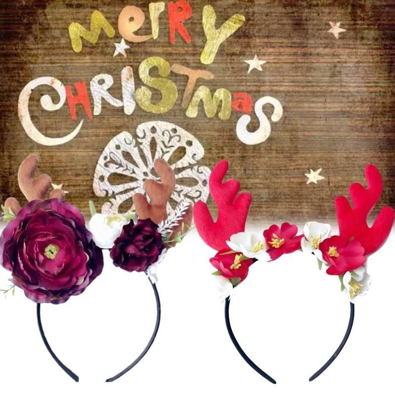 Festive Red Velvet Reindeer Antlers Headband With Floral Design For Girls