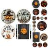 Contemporary Round Wooden Decor Sign For Halloween With Charming Black Cat Pumpkin And Ghost Motifs
