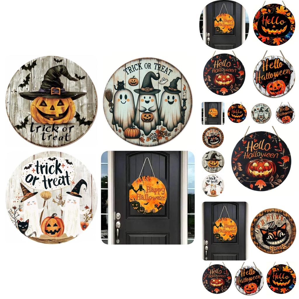 Contemporary Round Wooden Decor Sign For Halloween With Charming Black Cat Pumpkin And Ghost Motifs