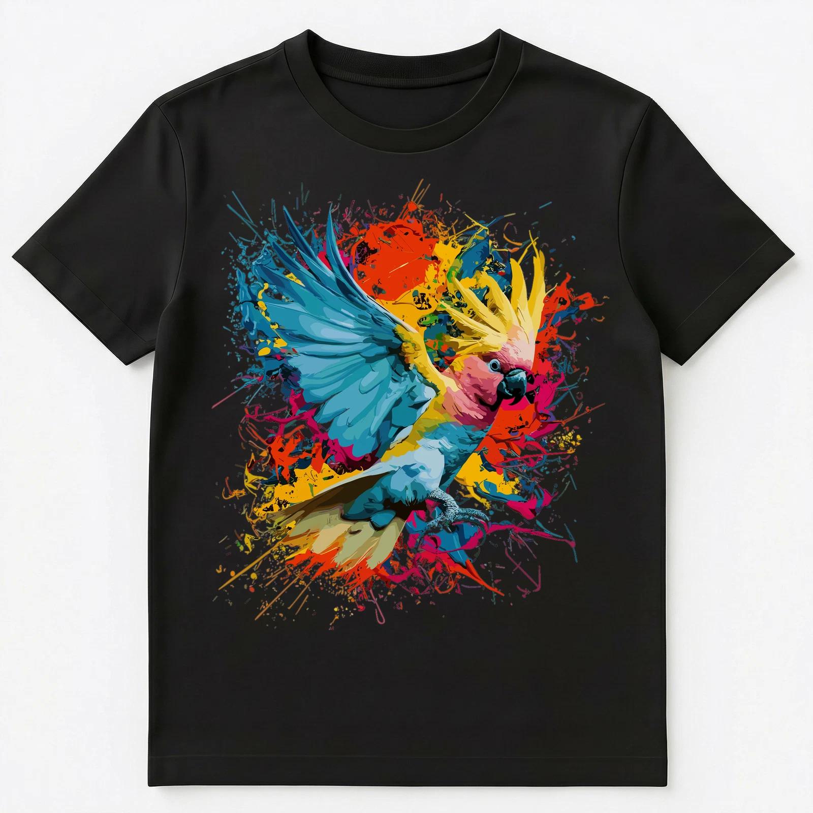 

Colorful Paint Splash Flying Cockatoo Art Graphic Unisex T-Shirt L