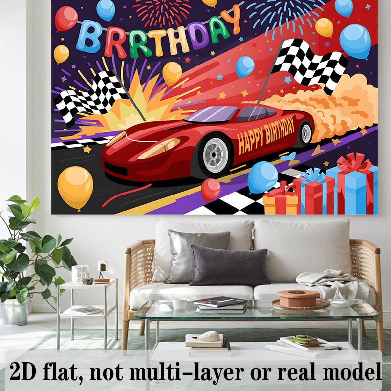 Racing Birthday Banner, Speed Car Backdrop Wall Decor for Party