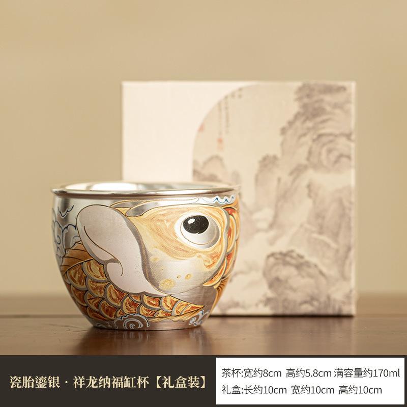 170ml Handmade Porcelain Body Gilded Silver Teacup Dargon Tea Bowl Beautiful Tea Cup Meditation Cup Jianzhan Cha Collection Gift