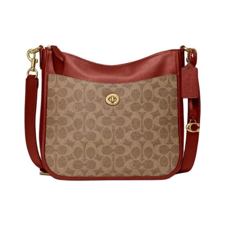 Coach Women's Brown/Pink Chaise 27 Classic Monogram Color Block Turnlock Zipper Coated Canvas And Calfskin Large Shoulder Crossbody Bag Bags C8487-B4nq4