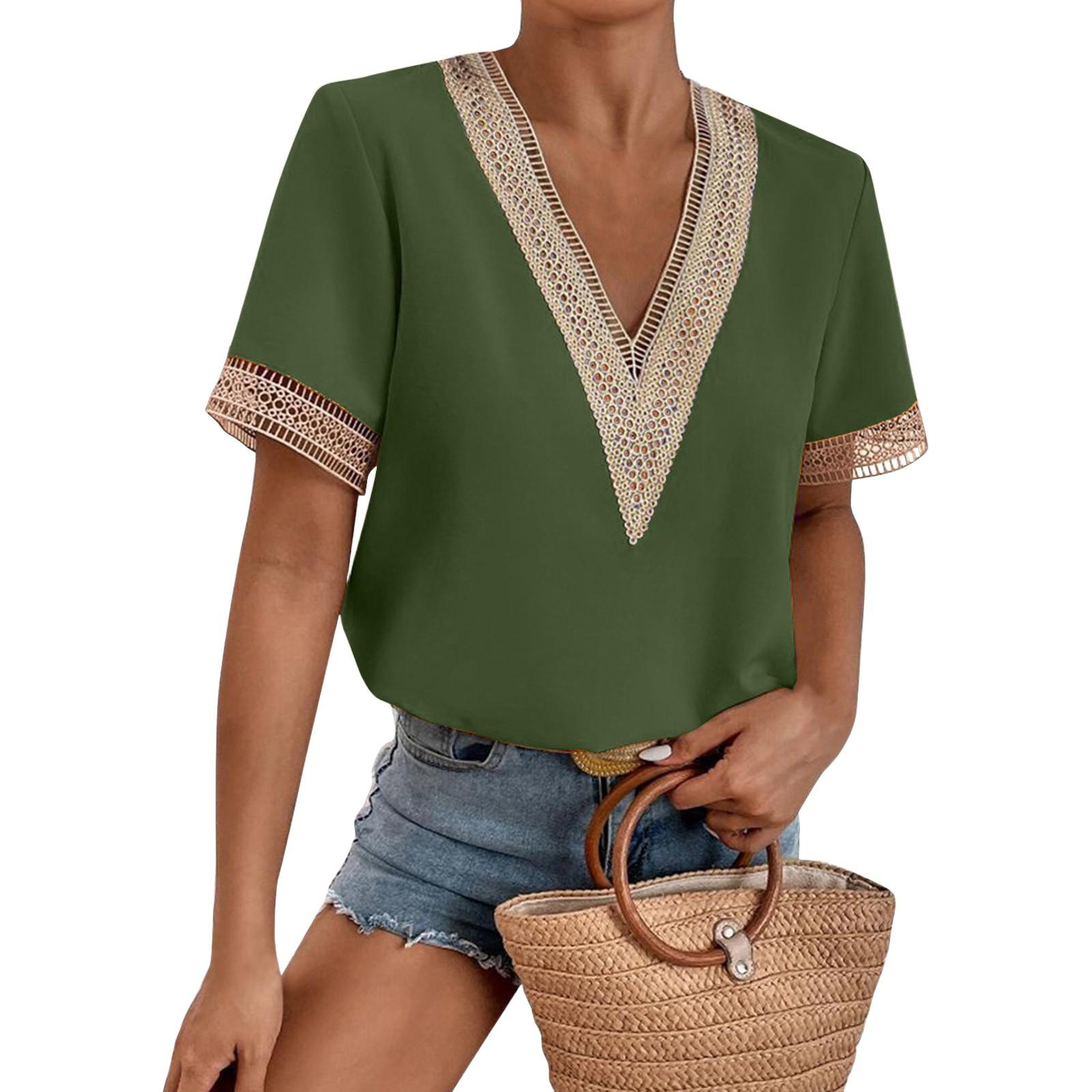 

Women s Fashion Solid Color Loose T-shirt Lace Lace Short Sleeve Chiffon Top L