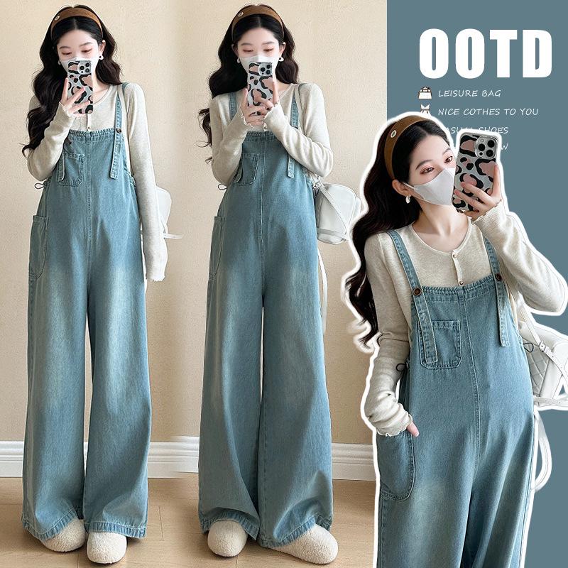 2026 Spring Maternity Plus Size Knit Top & Korean Denim Overalls Set L
