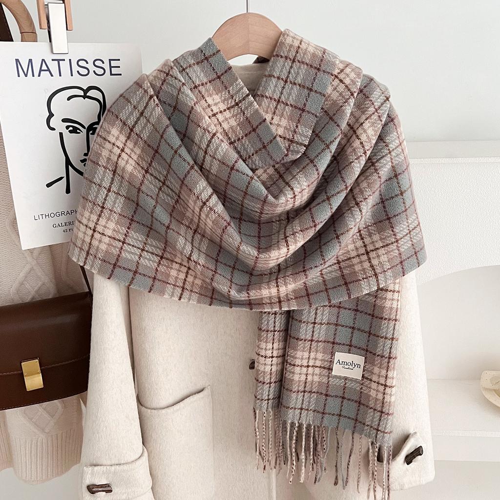 Autumn and Winter Scarf Women's New Plaid Imitation Cashmere Scarf Maillard Contrasting Shawl Thickened Warm Versatile Scarf