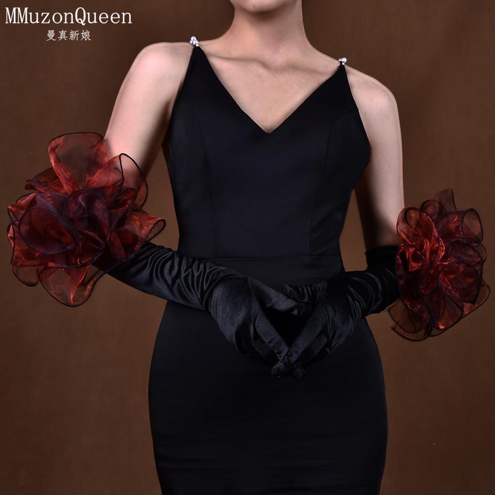 Long Satin Opera Gloves with Large Shimmer Red Organza Flower, Evening Party Formal Wedding Prom Photo Shoot Costume Arm Gloves
