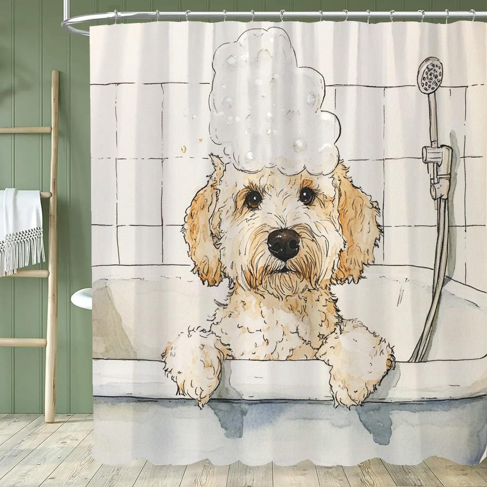 1 piece Cartoon Cat Shower Curtain, Cute Cat and Dog Bathroom Decorative Curtain, Home Printed Polyester Curtain with Hooks
