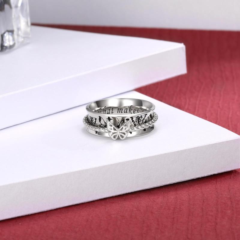 1Pcs Women's Ring Vintage Silver Butterfly Letter Carved with Rotable Personalized Friend Couple Rings Party Jewelry Gifts