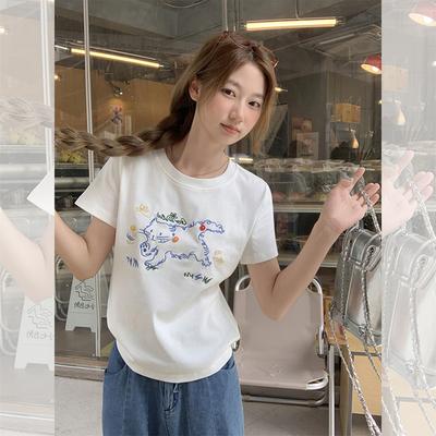 Korean Cute Cat Embroidery Design Short-sleeved T-shirt Women's Summer New Loose and Thin Lazy Top