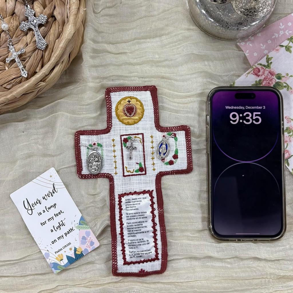 Onism 3Pcs Prayer Quilt with Cross ide,Mini Handcrafted Pocket devotional,Portable Pocket Shrine Catholic, Christian Gifts for Catholic