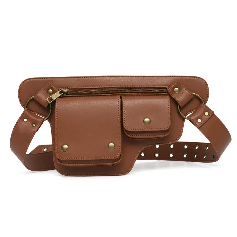 Retro Casual PU Leather Cycling Bag Multi-Function Sports Waist Bag Shoulder Fanny Pack for Outdoor Mobile Phone Storage