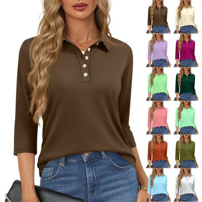 Women's Fashion Casual Lapel Short 3/4 Sleeve Color Shirt Women's Button Up Tops