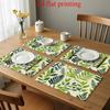4pcs 2D FLAT Digital Print Placemats, Green and Blue Interleaved Leaf Pattern Printed Placemats, To Make Your Dining Room More Beautiful, Perfect for