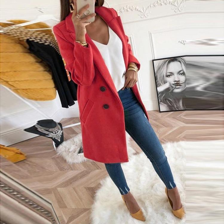 Mid Length Double Breasted Woolen Women Coat for Autumn Winter S красный