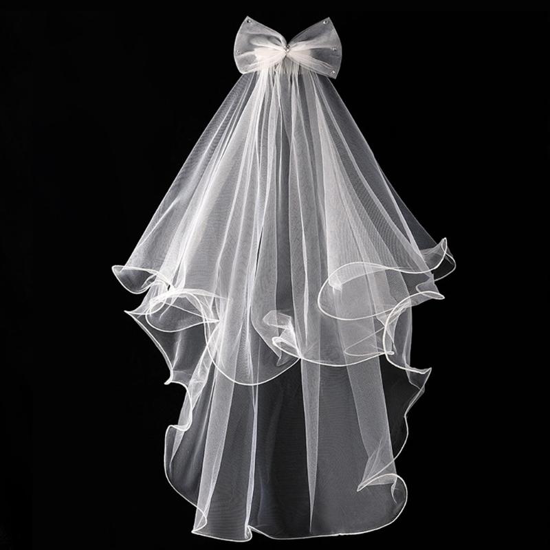 2 Tier Wedding Veil with Comb for Girls Communion Veil Bow Adorned by for Rhinestone Short Length Curly Edge Tulle Veil