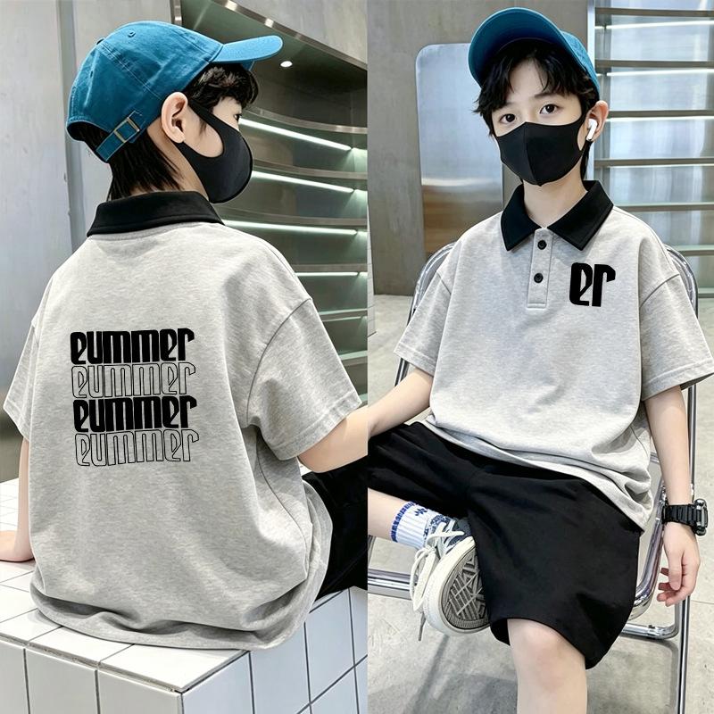 Korean Boys' Cotton Lapel Short Sleeve Summer T-shirt Set, Size 6-12, Color Block Polo.