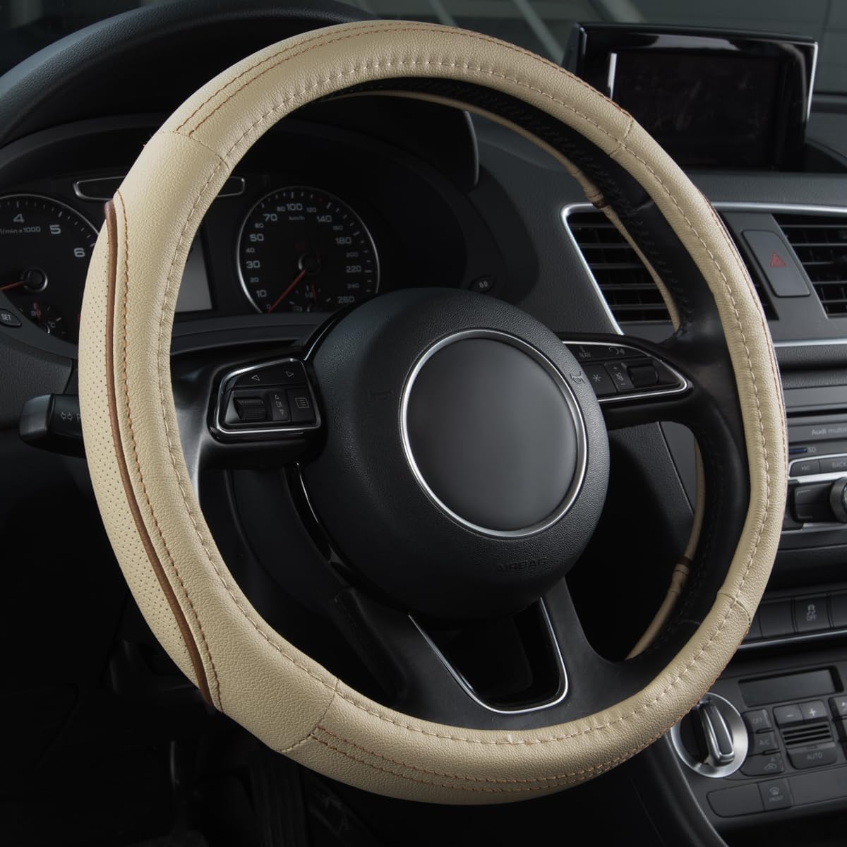 

Car Pass Colour Piping Leather Universal Fit Steering Wheel Cover,Perfectly fit for 14.5-15 inches for Various Vehicles SUVs,Vans,Sedans,Cars (Black бежевый