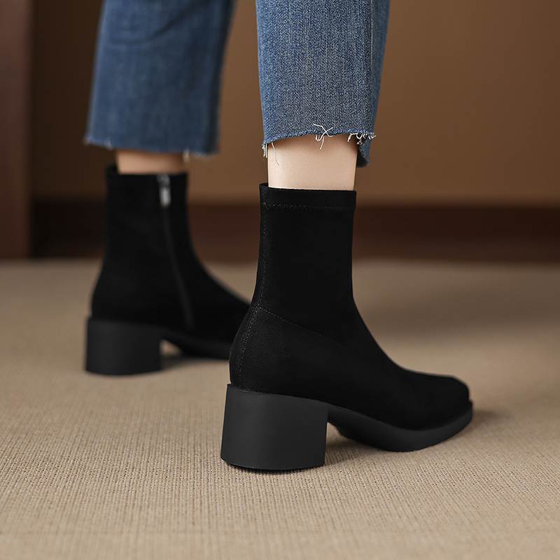 Krazing Pot Flock Round Toe Thick High Heels Chelsea Boots Zip Women Concise Style Ankle Boots