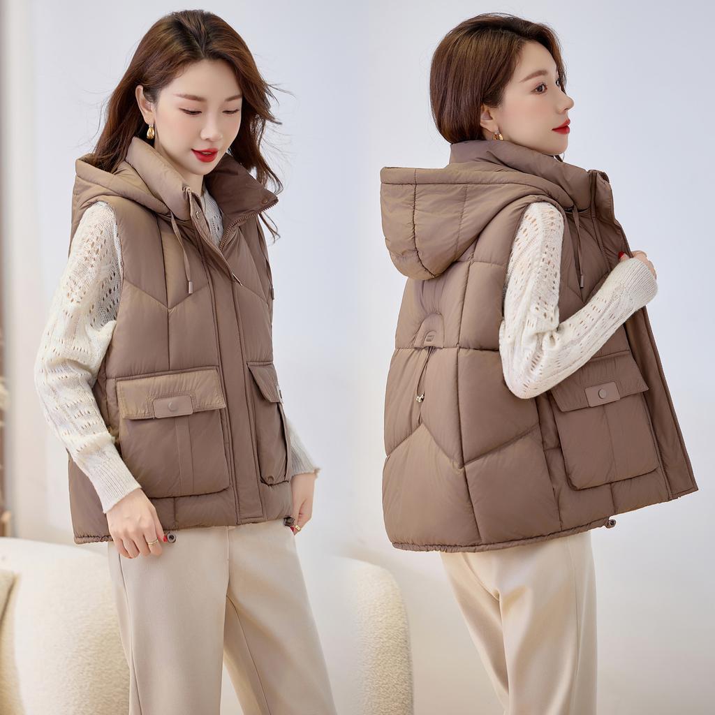 New fall and winter women's lightweight sleeveless undershirt hooded solid color thickened warm sports and leisure loose lightweight jacket