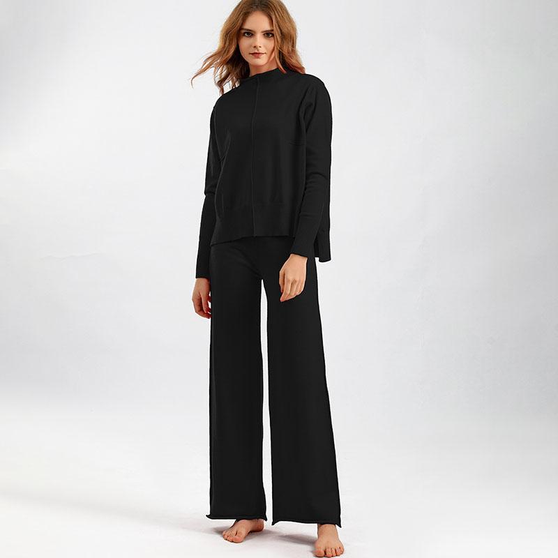 Autumn Winter Women's Knitted Pants Suits Round Neck Slit Sweater Loose Casual Knitted Wide-leg Pants Two-piece Knitted Suit Outfits