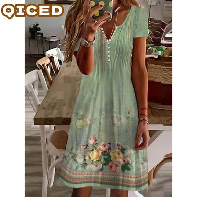 Vestidos Casuais da Moda de Verão e Primavera com Manga Curta e Decote em V