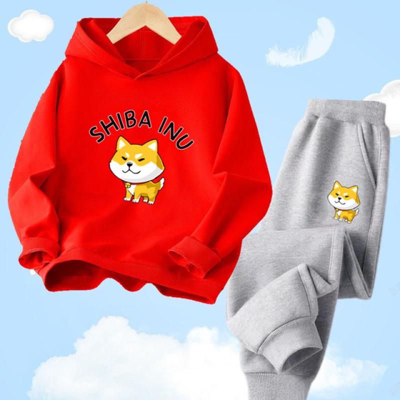 Shiba Inu søt hettegensersett med hundetrykk for barn Vår Høst Langbukser Joggedress Sportsklær Hettegensersett
