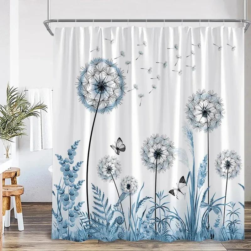 Blue Leaf Watercolor Plant Shower Curtain Modern Minimalist Home Bathroom Decorative Fabric Shower Curtain with Hook