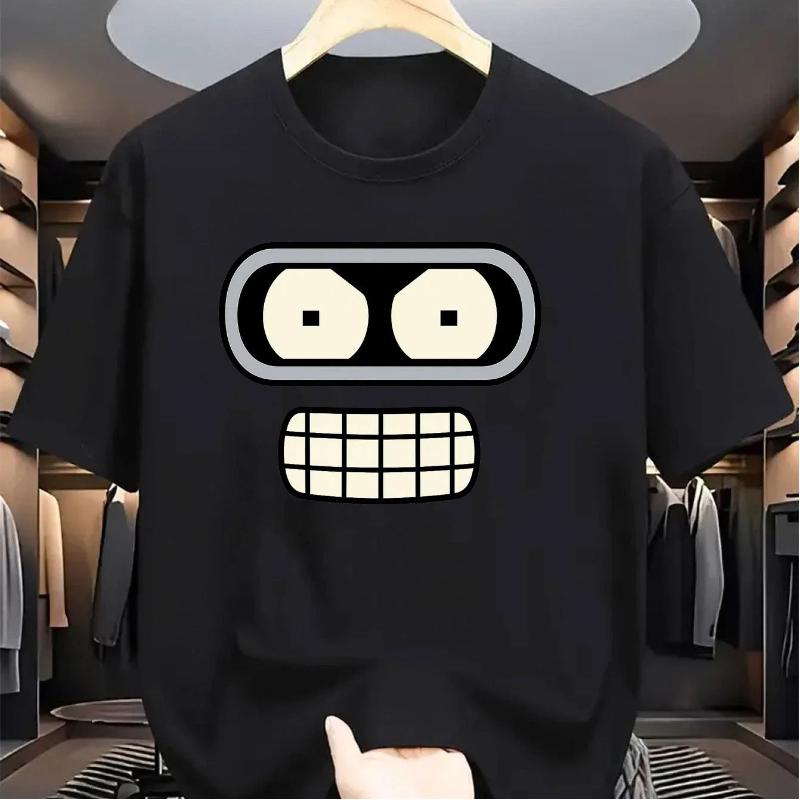 Men Bender Robot Graphic T-Shirt Funny Futurama Bender Design Breathable Cotton Round Neck Short Sleeve Casual Summer Tee XS