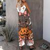Women Spaghetti Strap Jumpsuit Camping Car Campfire Pumpkin Bat Halloween Print Wide Leg Pants With Pockets