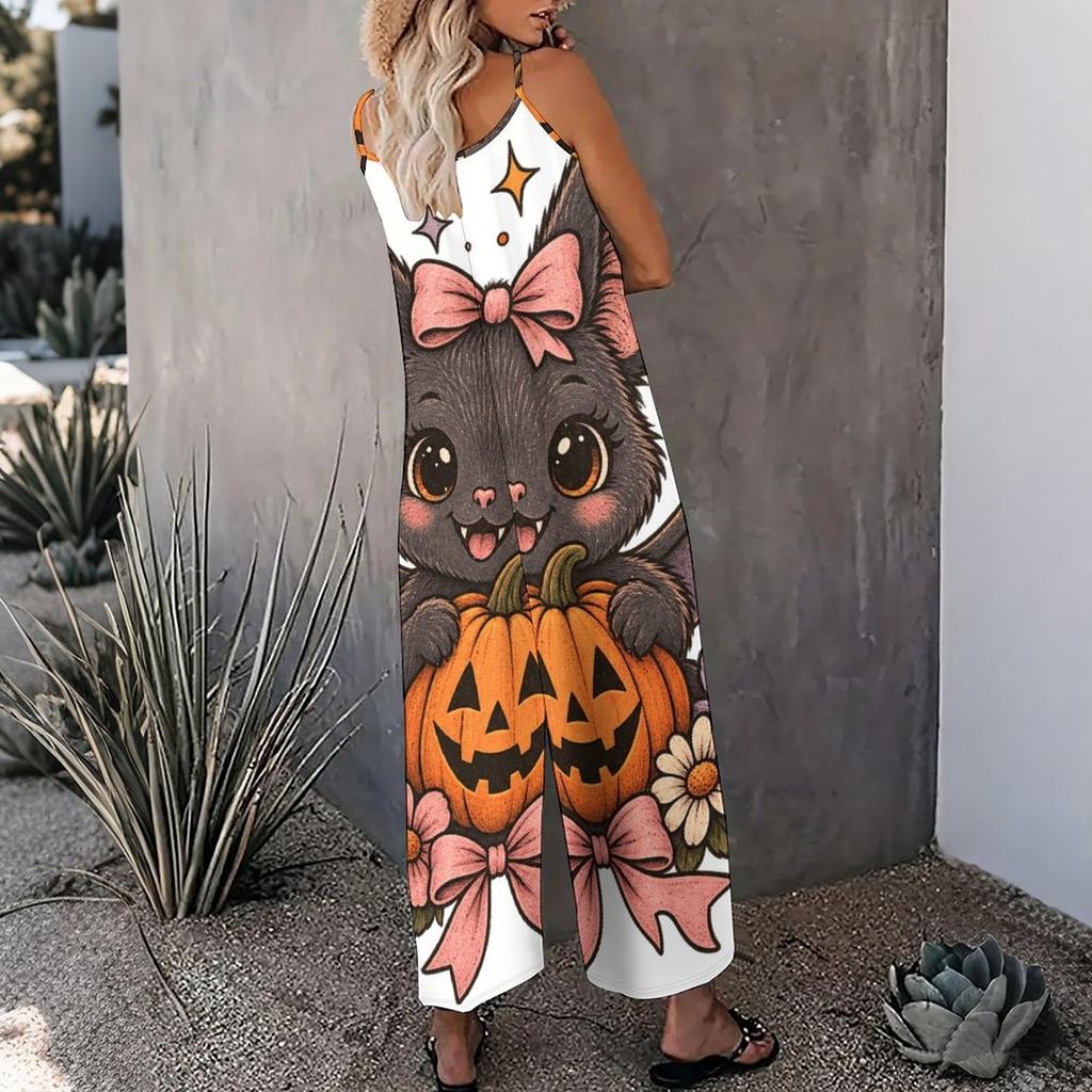 Women Spaghetti Strap Jumpsuit Camping Car Campfire Pumpkin Bat Halloween Print Wide Leg Pants With Pockets