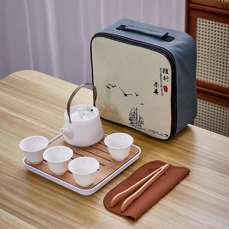 Dehua white porcelain tea set, practical ceramic cover bowl, one pot, four cups, outdoor storage, travel convenience bag, business small gifts