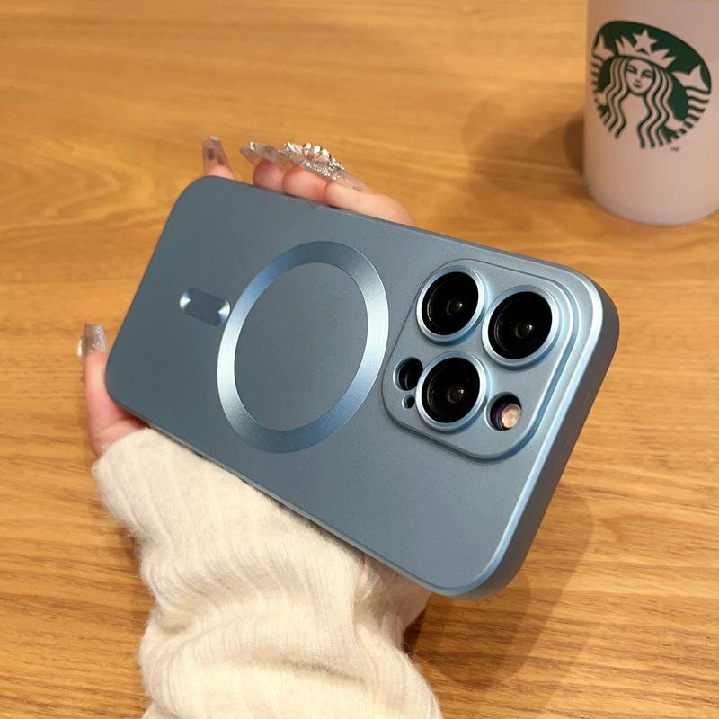 Magnetic Skin-Feel Frosted iPhone Case with Lens Film: Compatible with iPhone 12, 14, and 15 Pro Max.