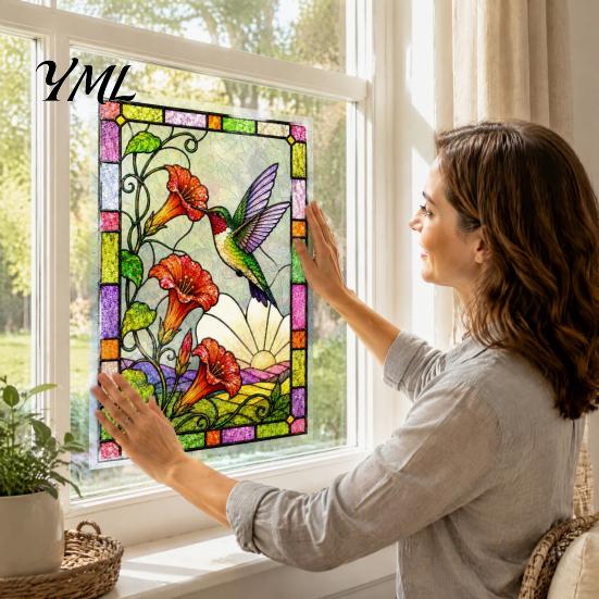 Static Decorative Window Film Stained Glass Clings, Hummingbird Flower Stickers, Removable No Glue Decal PVC Decals for Home Door Sunroom Privacy