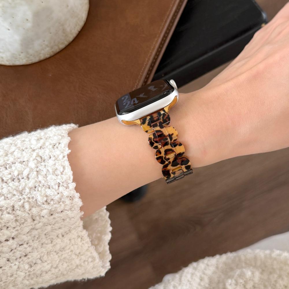 Luxury Leopard Print Resin Metal Strap For Apple Watch Ultra3 Band 49mm Slim Strap for iWatch Series 11 10 9 8 SE3 38/40/41/42/44/45/46 Woman Bracelet